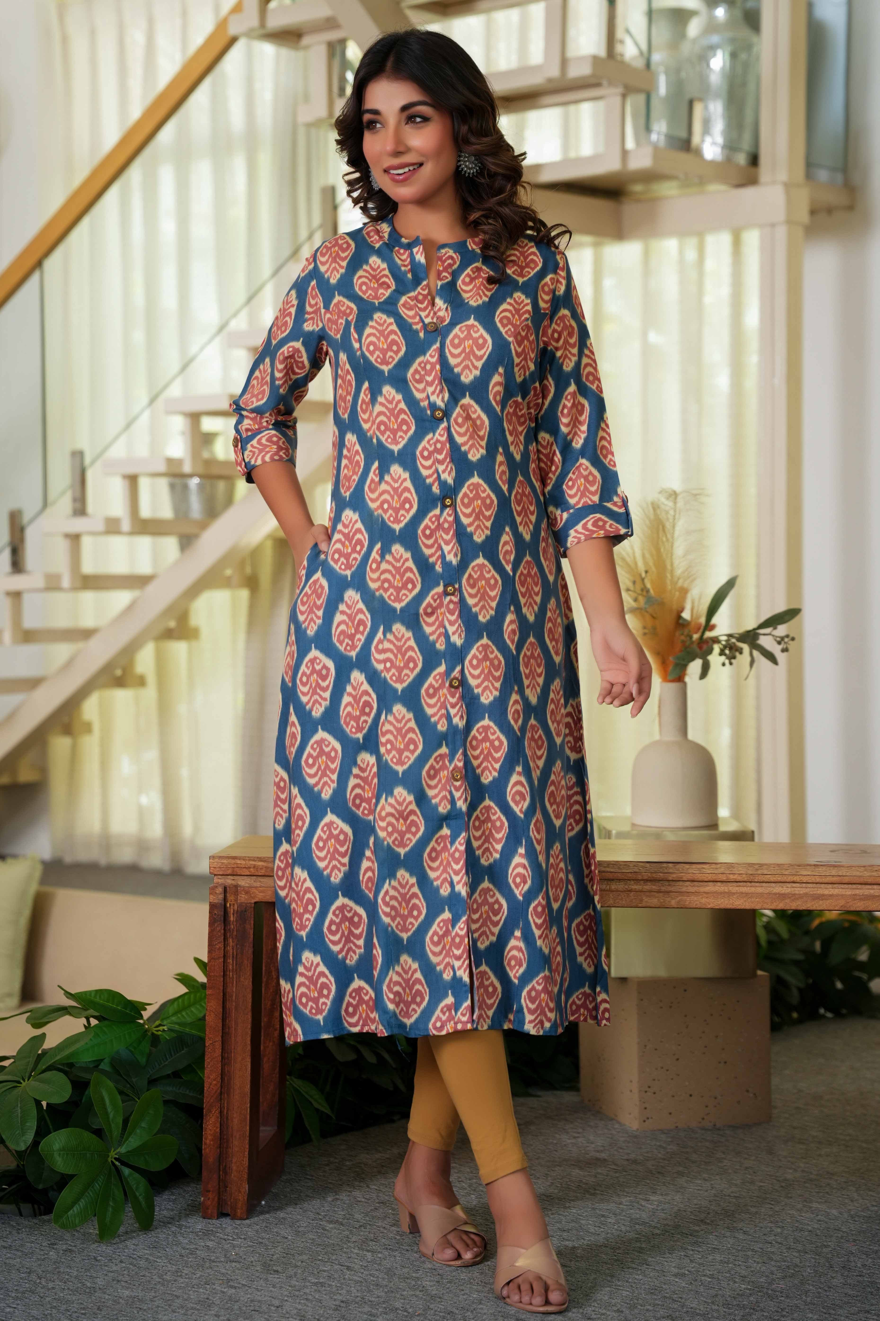 Teal Ikkat Patterned Straight Kurti in Soft Poly Rayon Fabric for All-Day Comfort