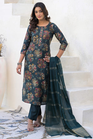 Stylish Bottle Green Viscose Straight Salwar Suit with Floral Pattern