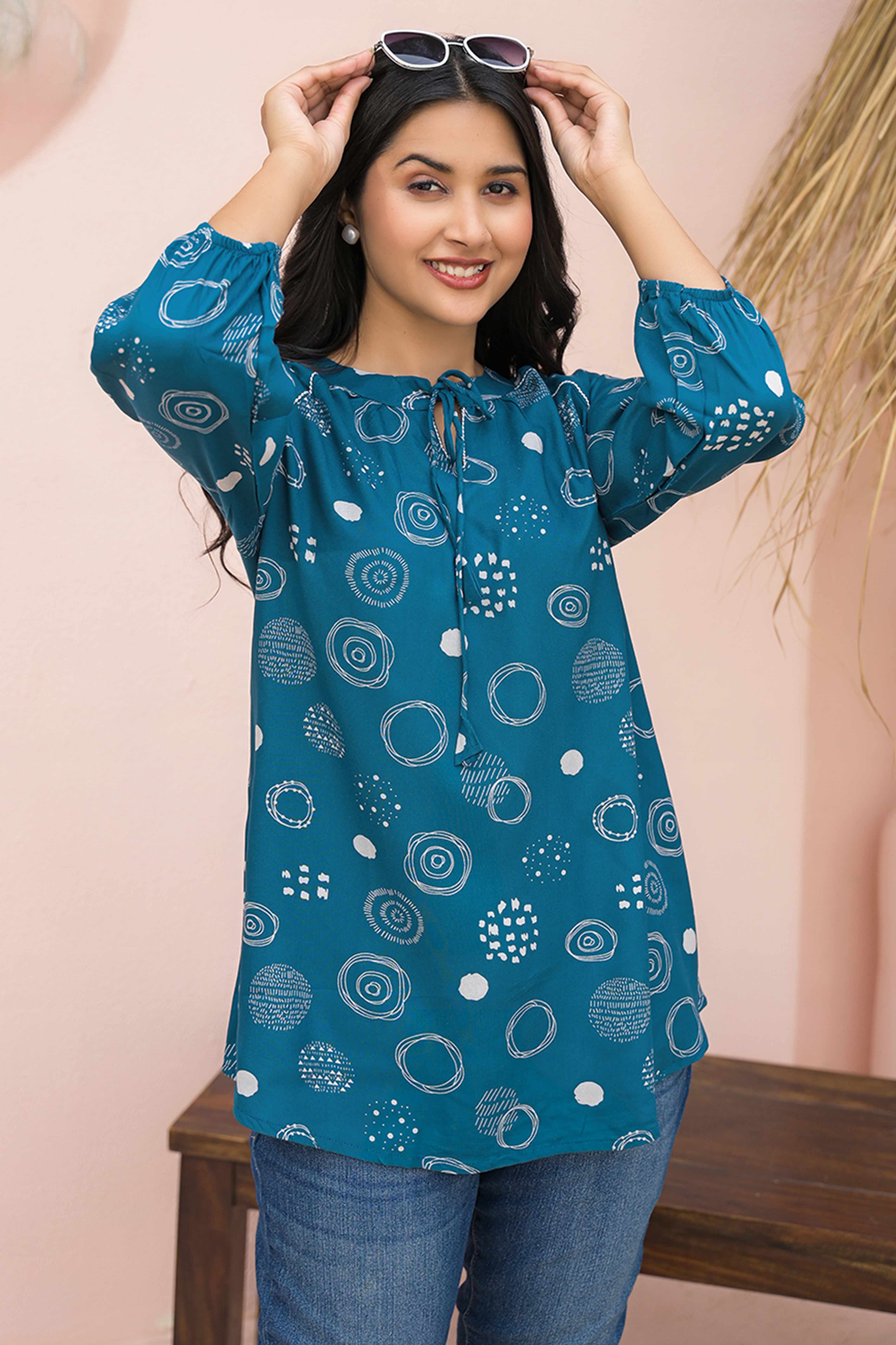 Trendy Blue Straight-Cut Rayon Top with All-Over Print