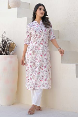 Off White Pure Cotton Straight Kurti with Delicate Floral Prints
