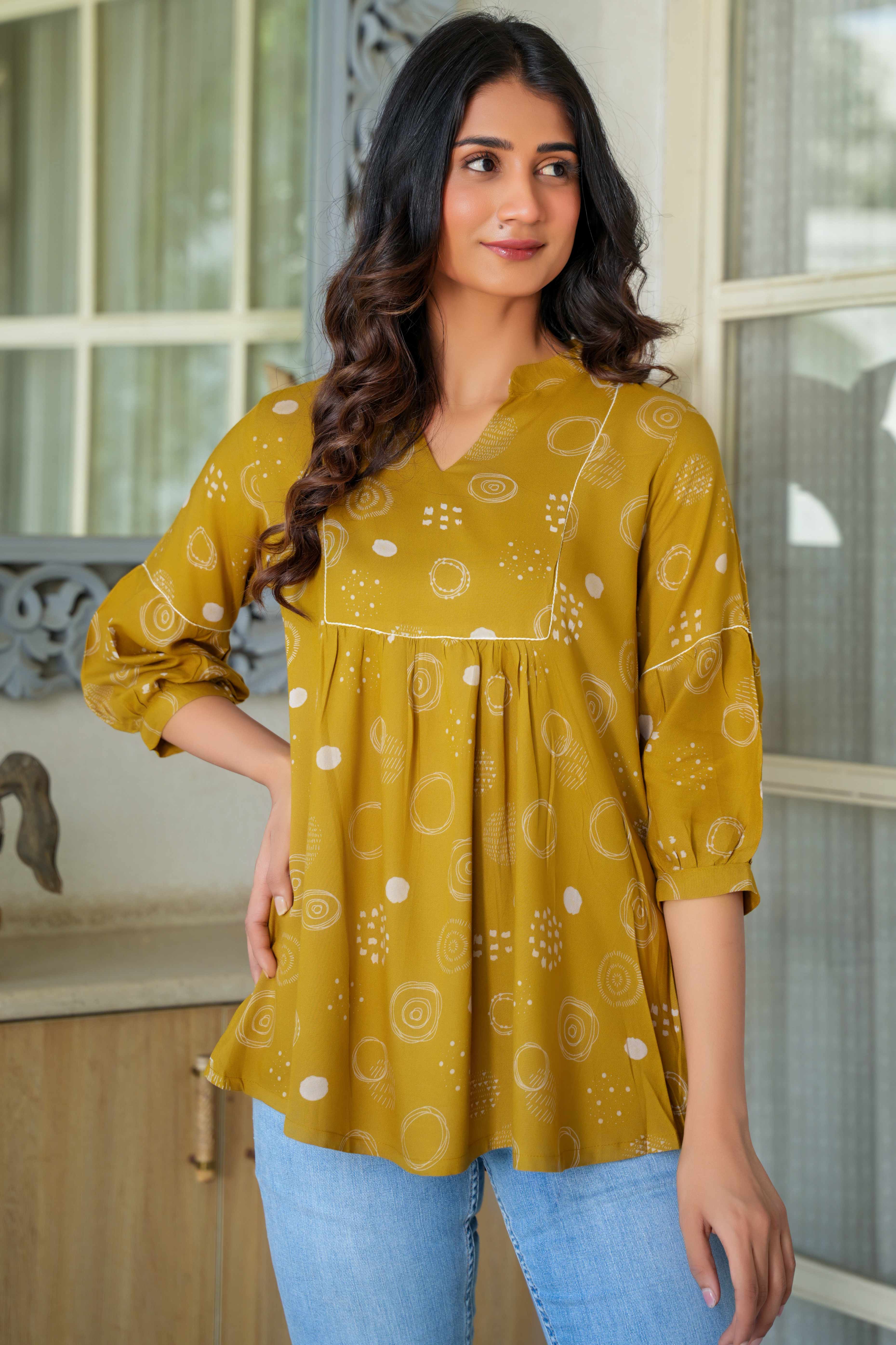 Casual Chic Rayon Mustard A-Line Top with Abstract Motif