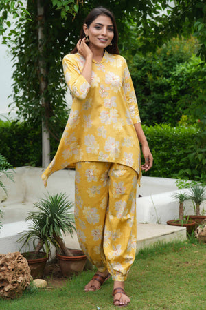 Yellow Co-Ord Set in Pure Cotton with Floral Print & Hand Embroidery