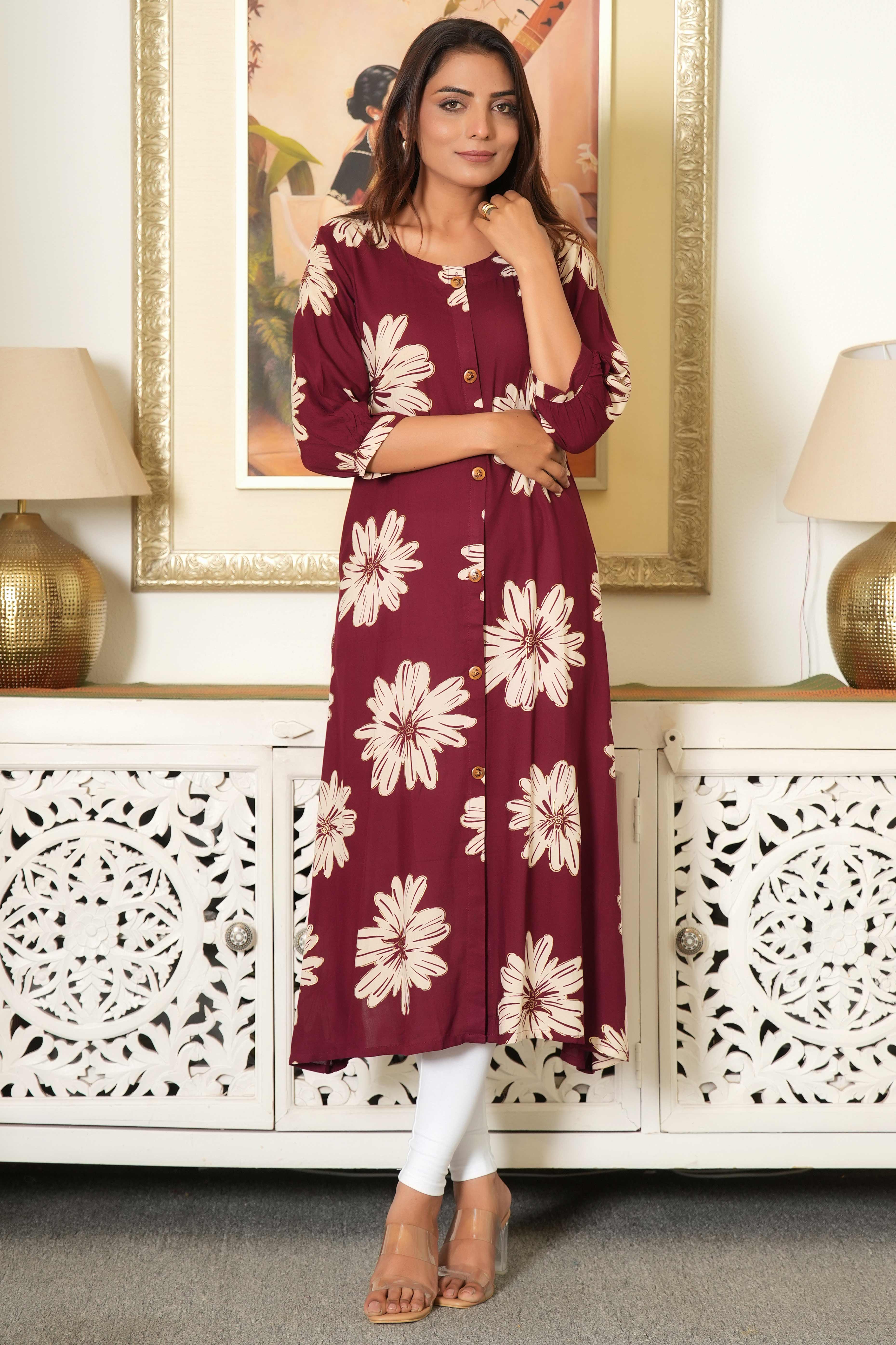 Maroon Printed Rayon Kurti in Flattering A-Line Fit