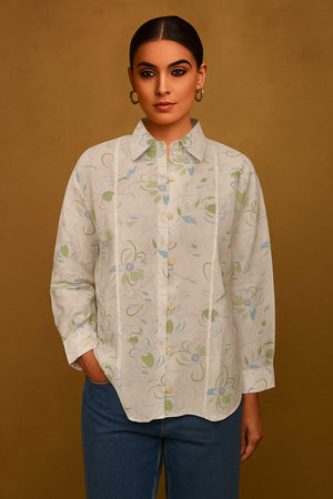 Pure Cotton Off White Shirt Top with Timeless Floral Print Detailing