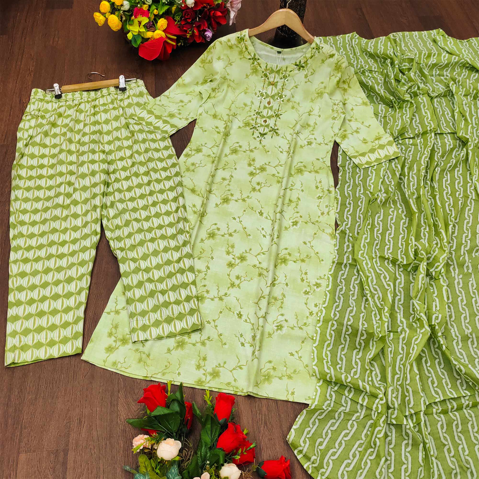 Light Green Printed Pure Cotton Kurti Palazzo Set With Dupatta