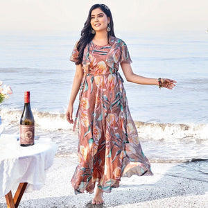 Brown Digital Floral Printed Chiffon Maxi Dress