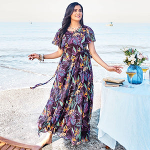 Wine Digital Floral Printed Chiffon Maxi Dress