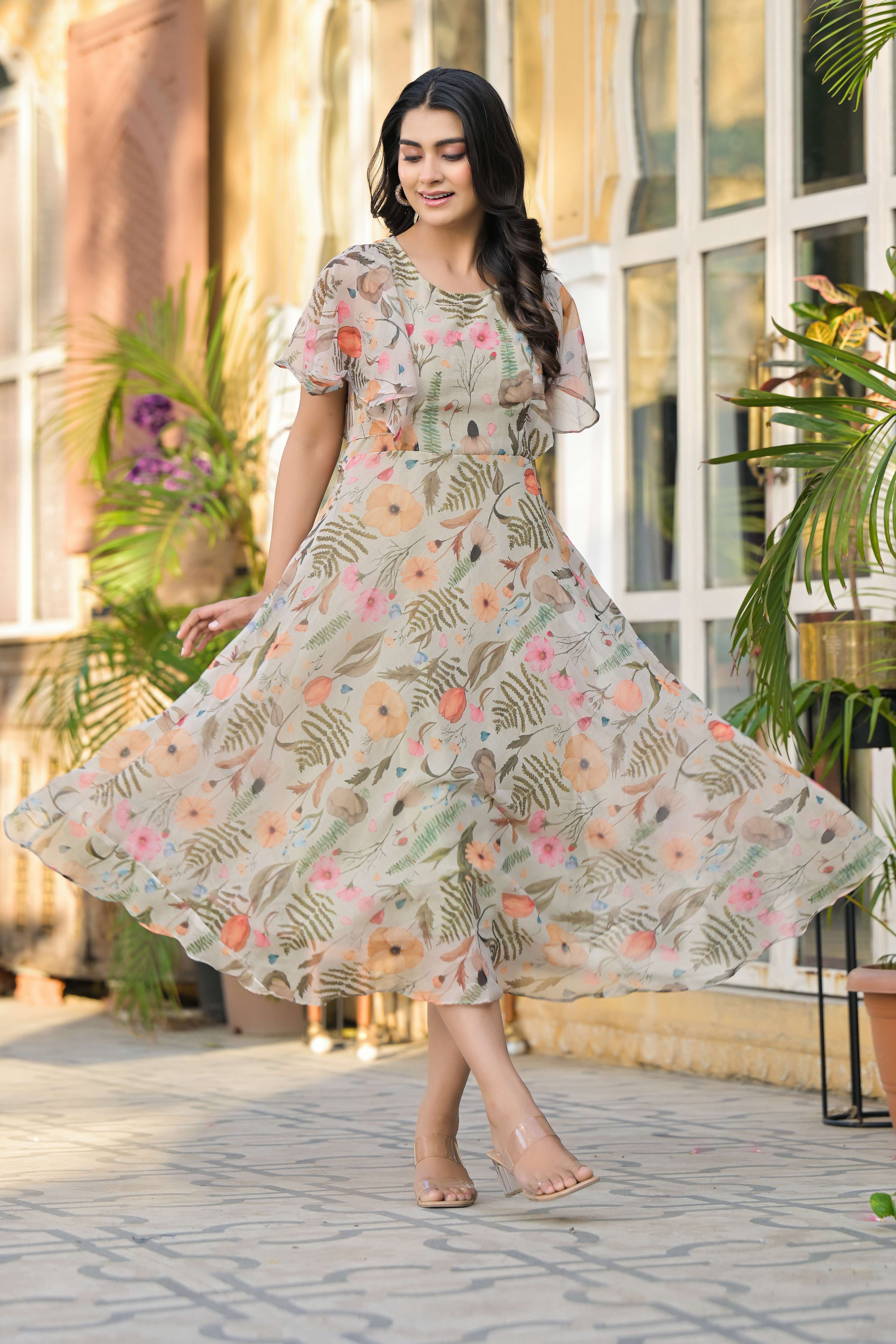 Light Olive Digital Floral Printed Chiffon Maxi Dress