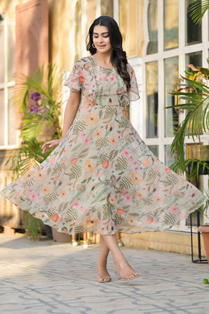 Light Olive Digital Floral Printed Chiffon Maxi Dress