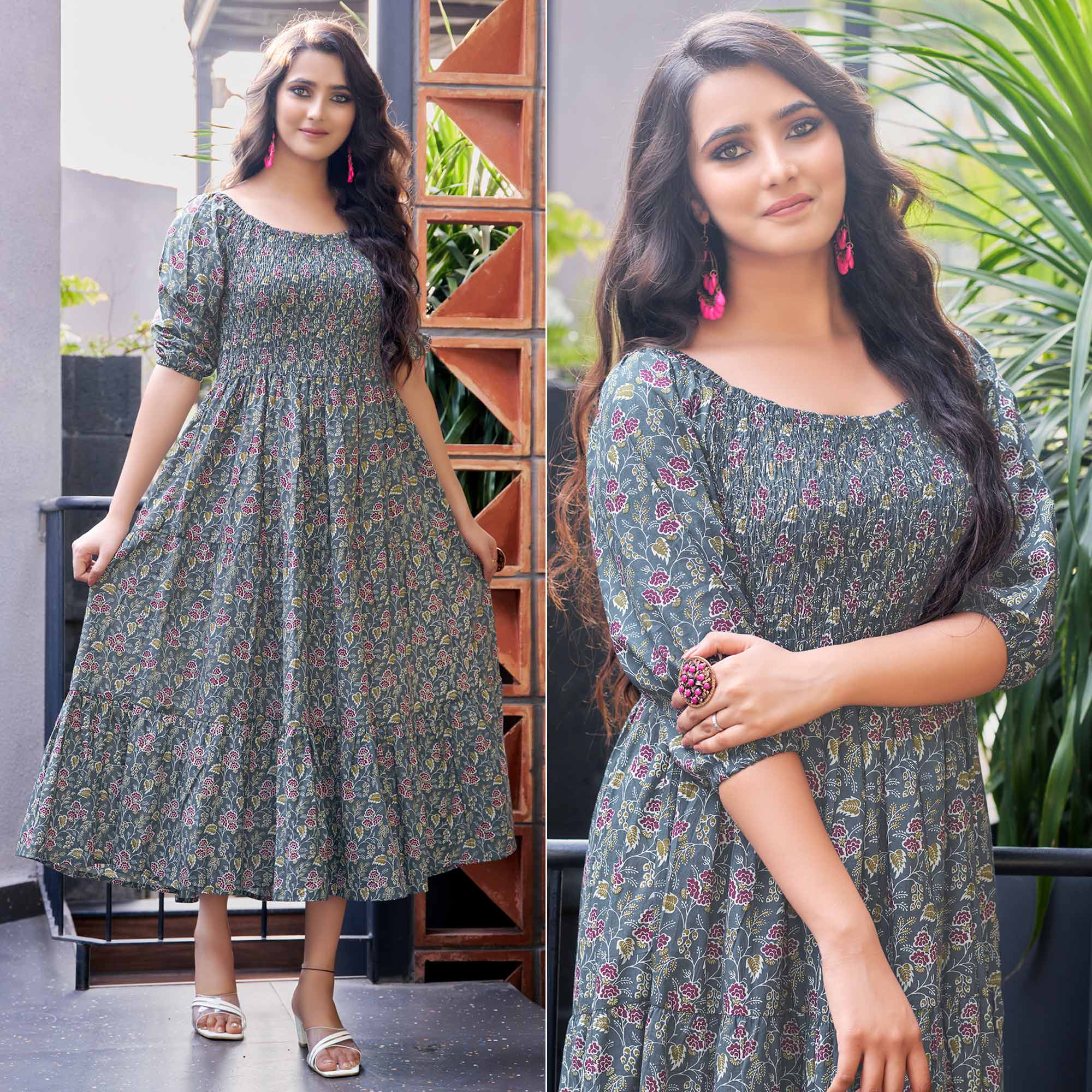 Grey Floral Printed Pure Cotton Dress