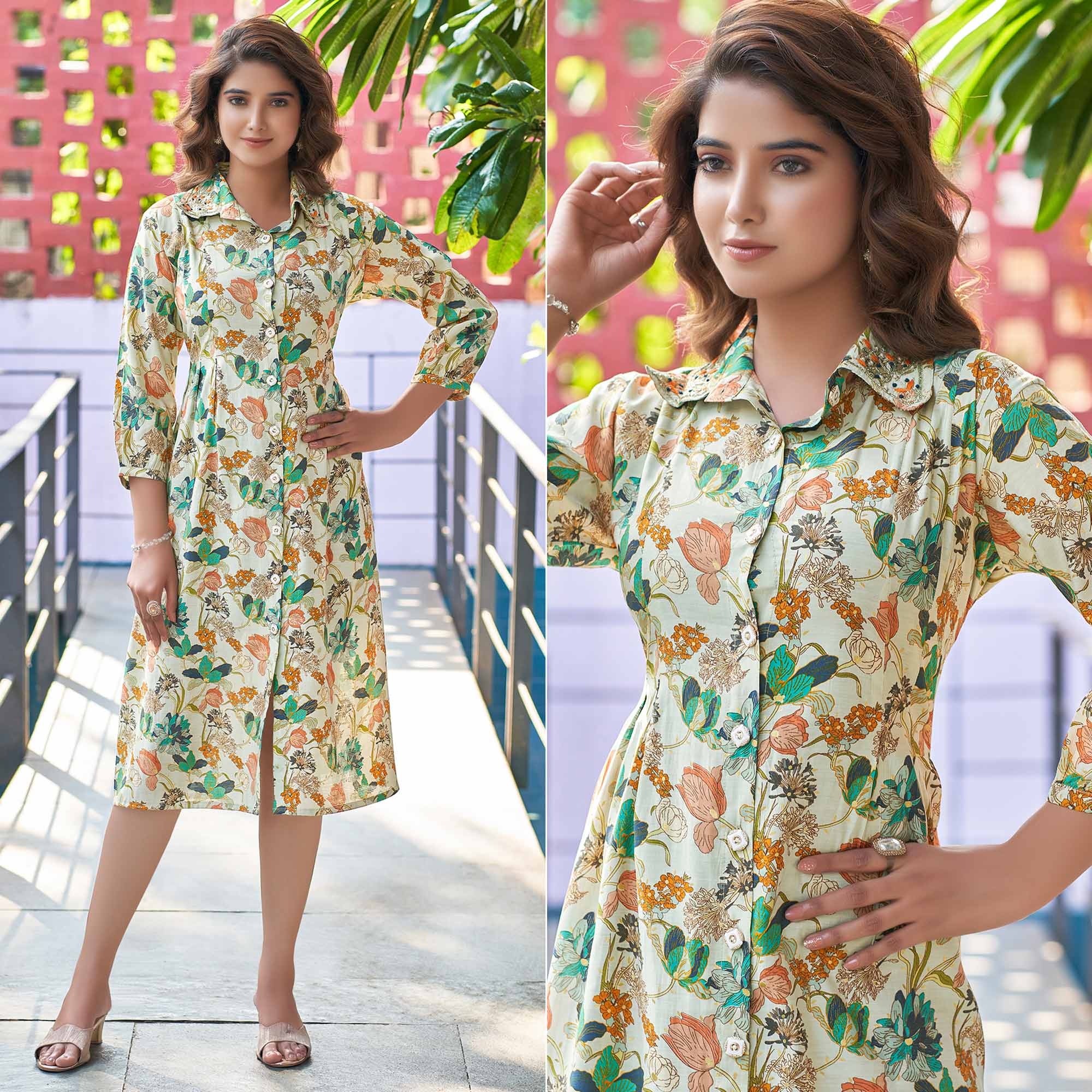 Turquoise Floral Printed Front Slit Muslin A-Line Dress