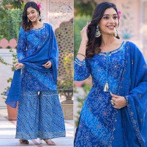 Blue Bandhani Printed Pure Cotton Sharara Suit