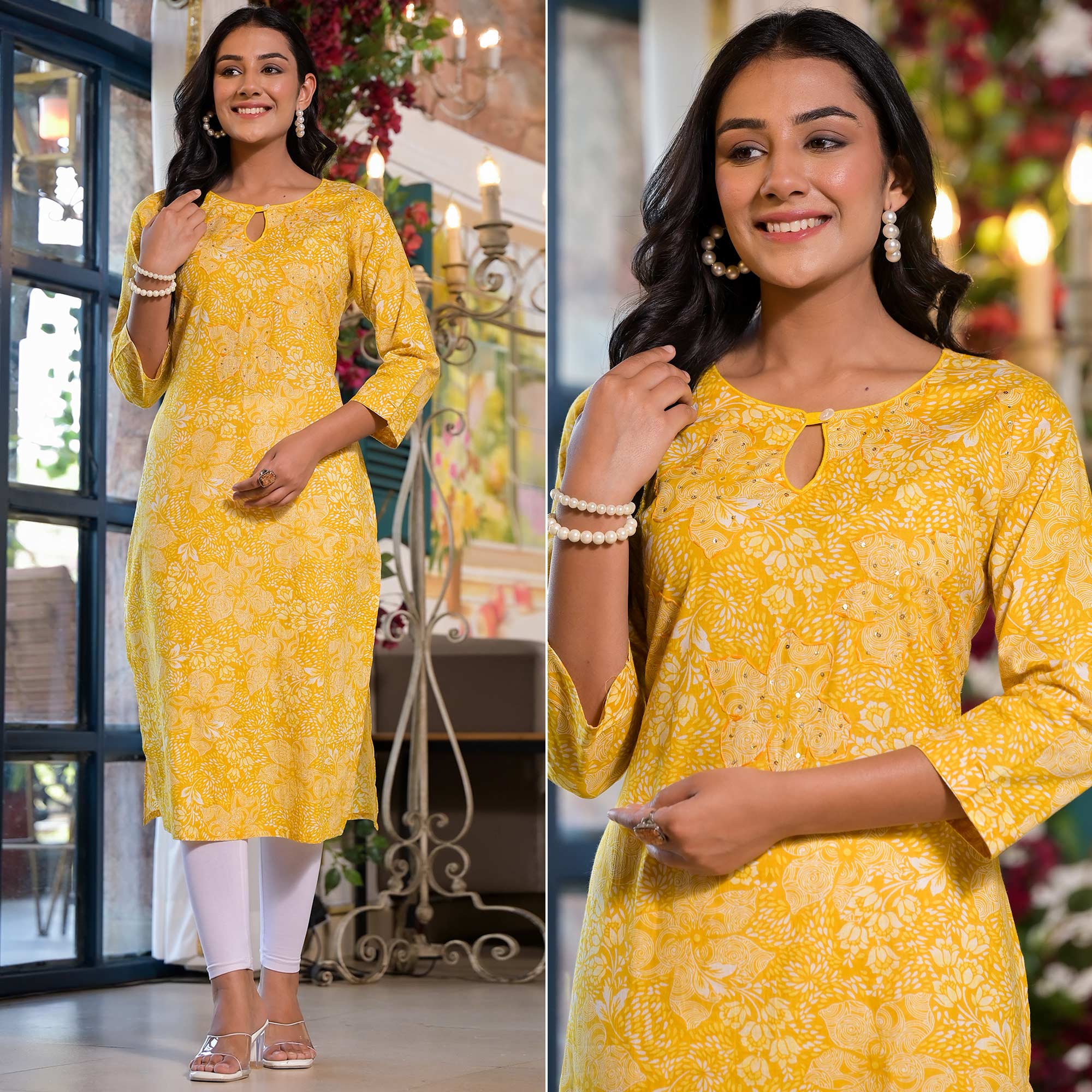 Yellow Floral Printed Pure Cotton Straight Kurti