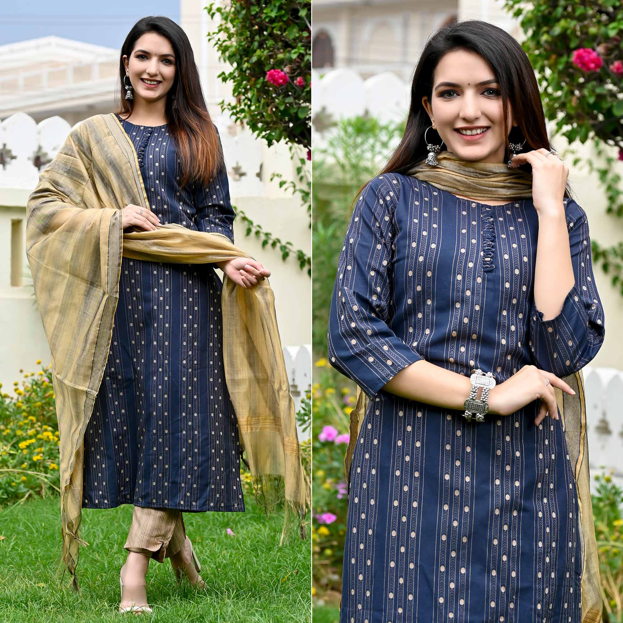 Blue All over Printed Cotton Stitched Straight Suit Set, ESTFABS-1774