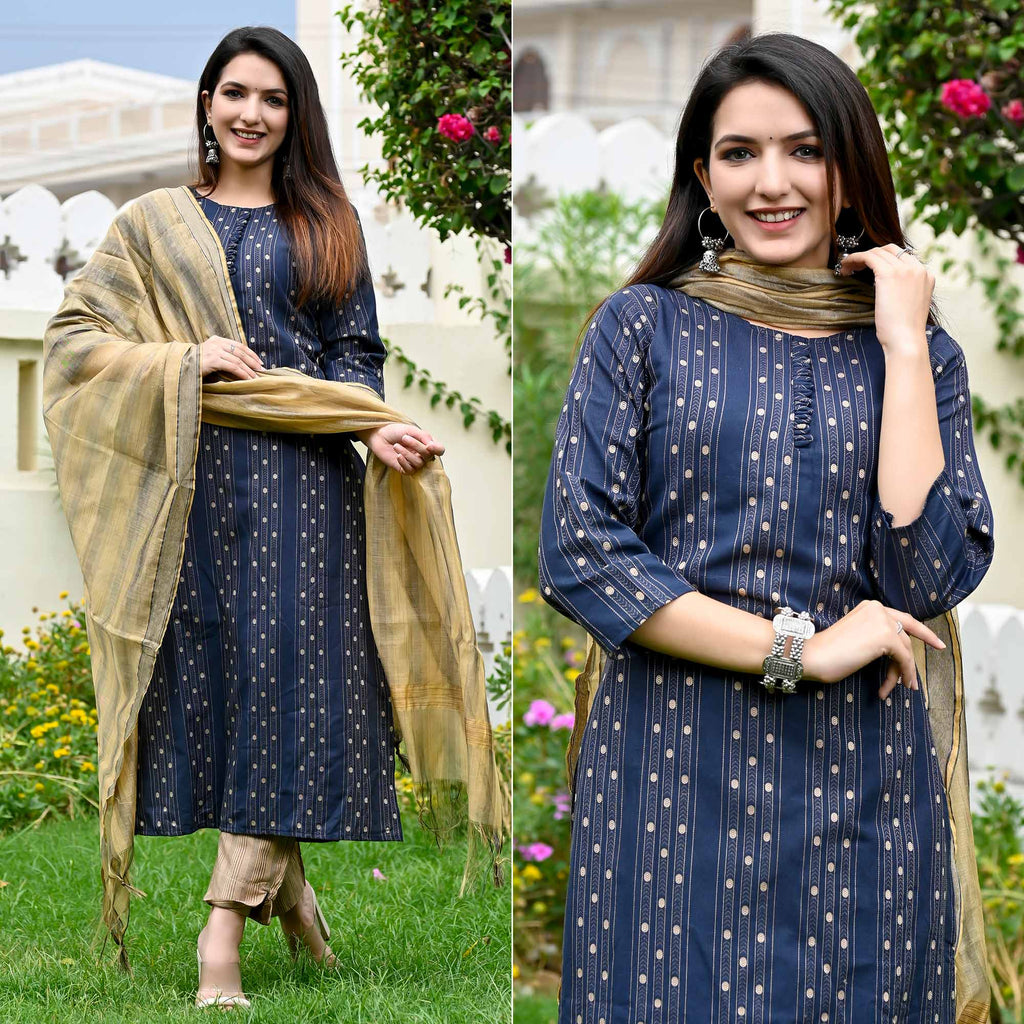 Blue Solid Cotton Suit Set