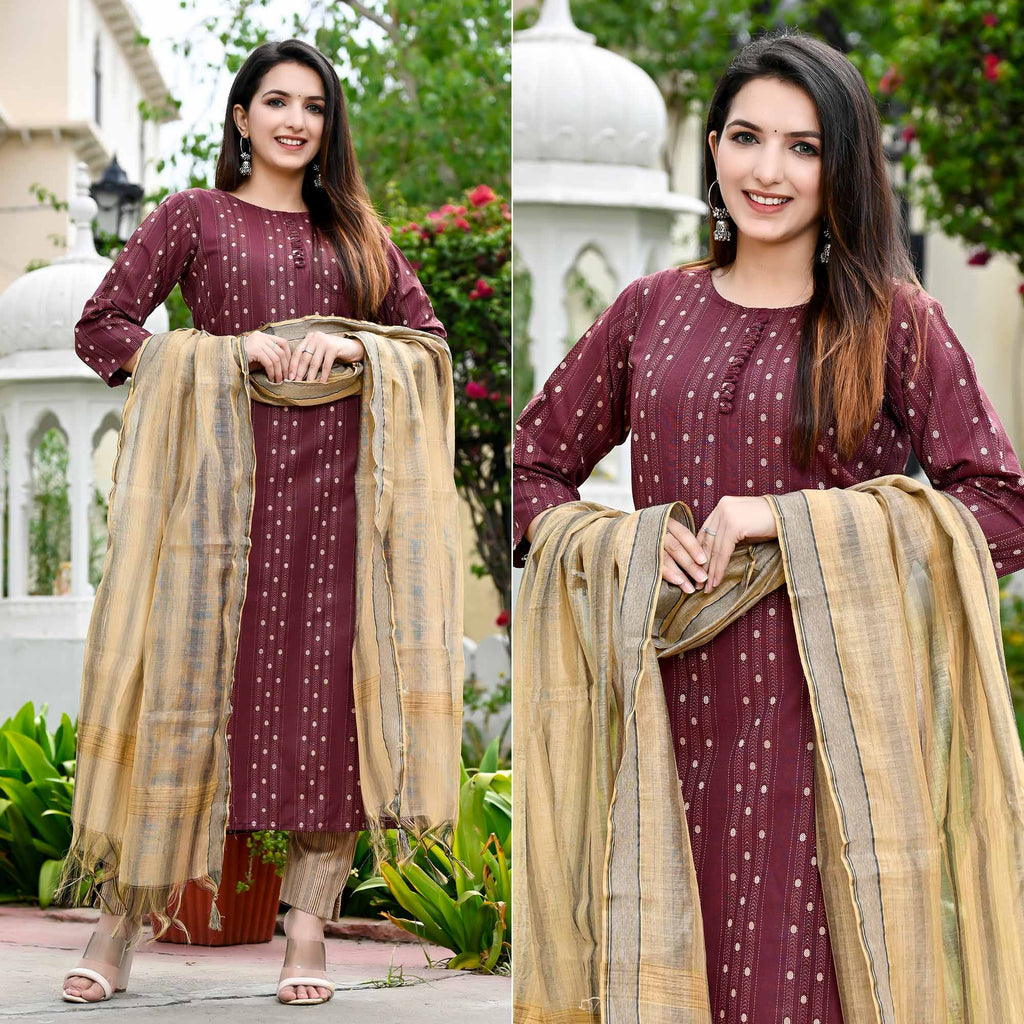 Wine Berry Color Satin Cotton Top Material And Pant Material With Patch Work Dupatta