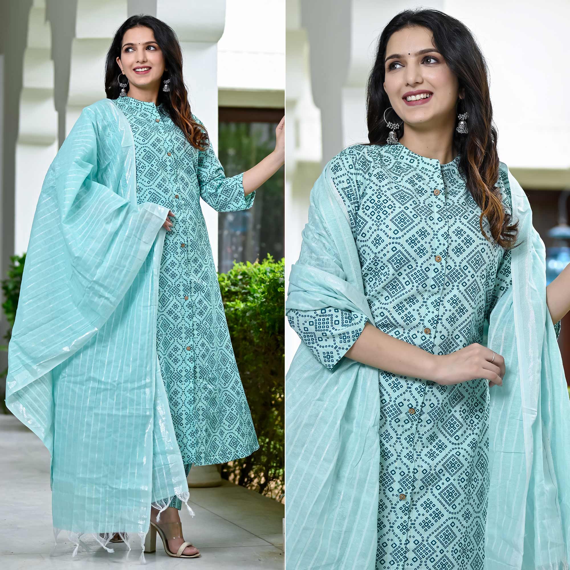 Turquoise Bandhani Printed Pure Cotton A Line Suit