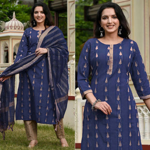 Navy Blue Woven Cotton Blend Salwar Suit