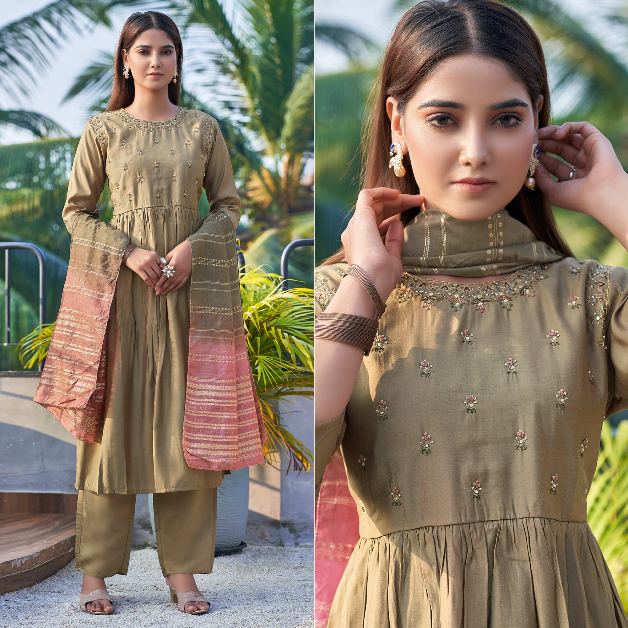 Brown Floral Embroidered Pure Silk Anarkali Suit