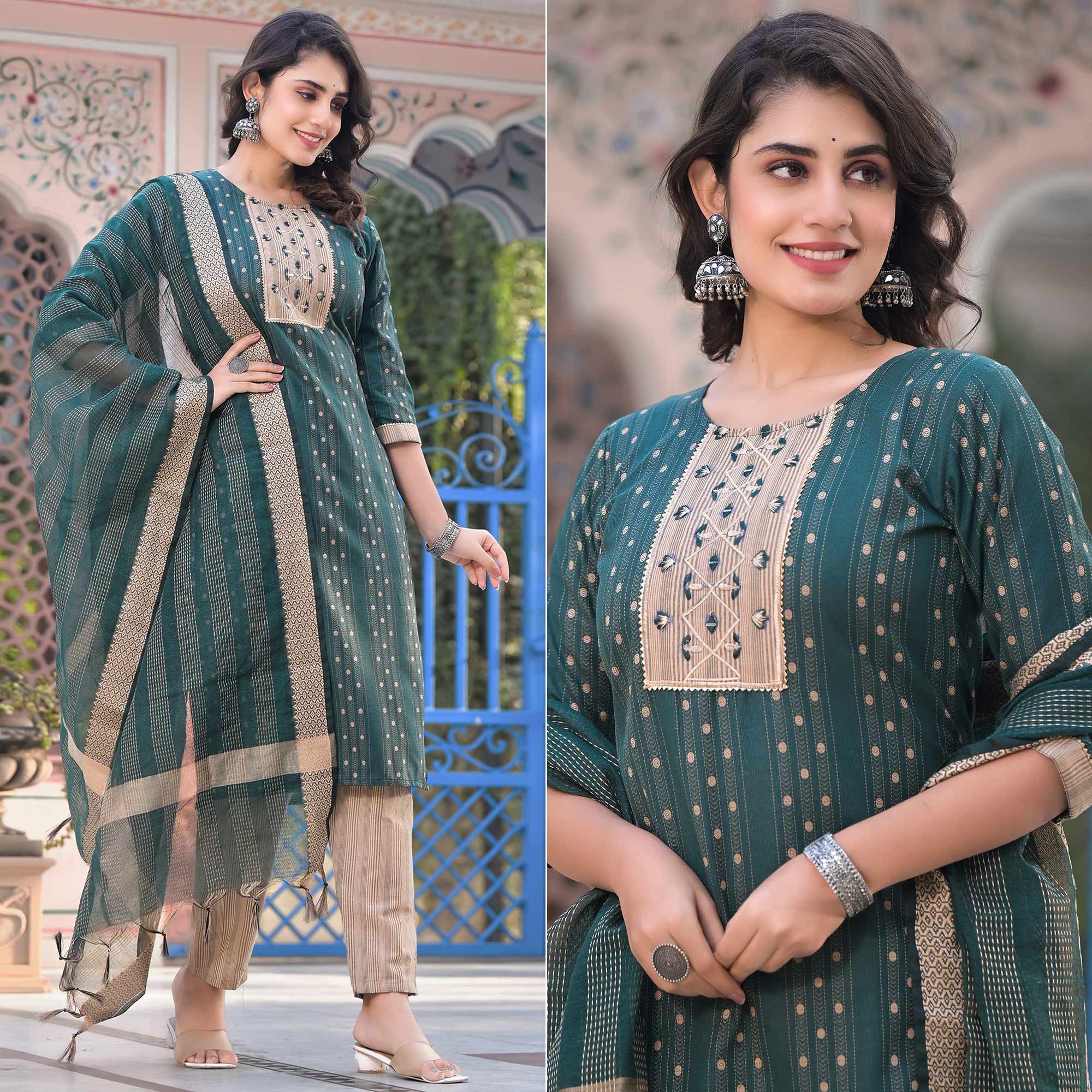 Green Woven Pure Cotton Straight Salwar Suit