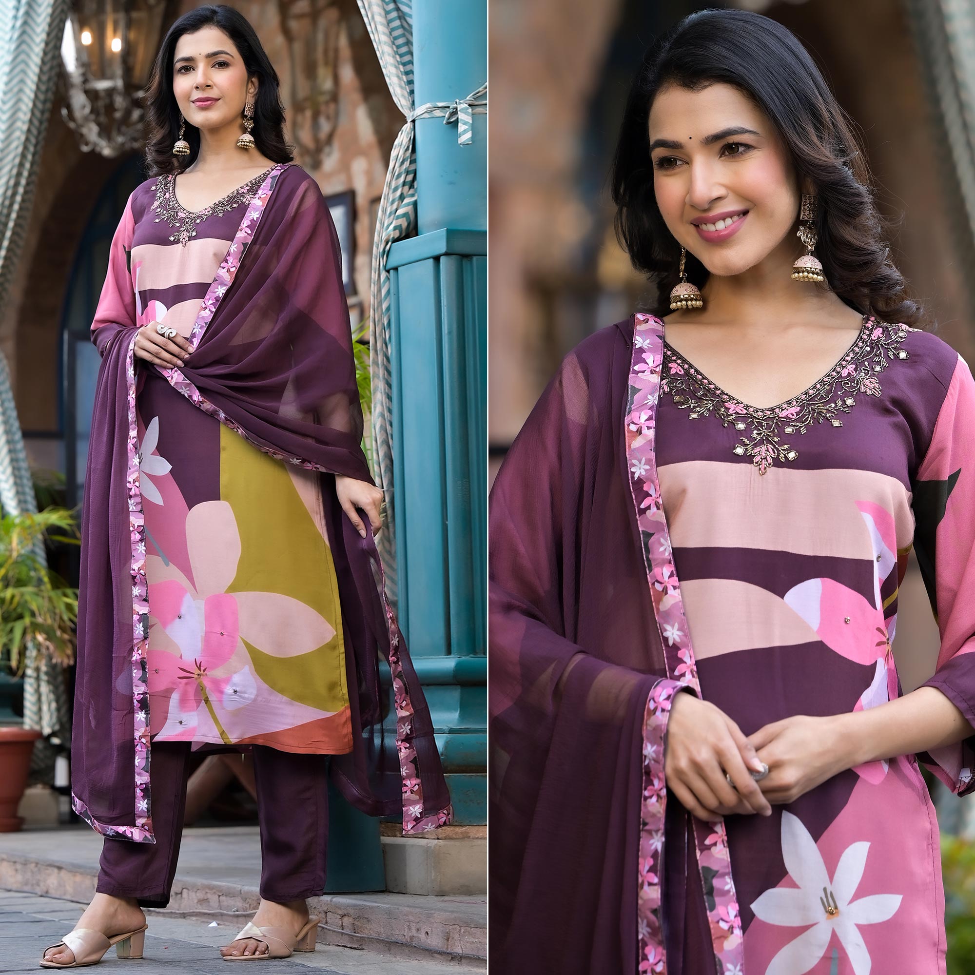 Purple Floral Printed Viscose Salwar Suit With Beads Work