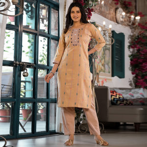 Chikoo Woven Pure Cotton Straight Kurti Set