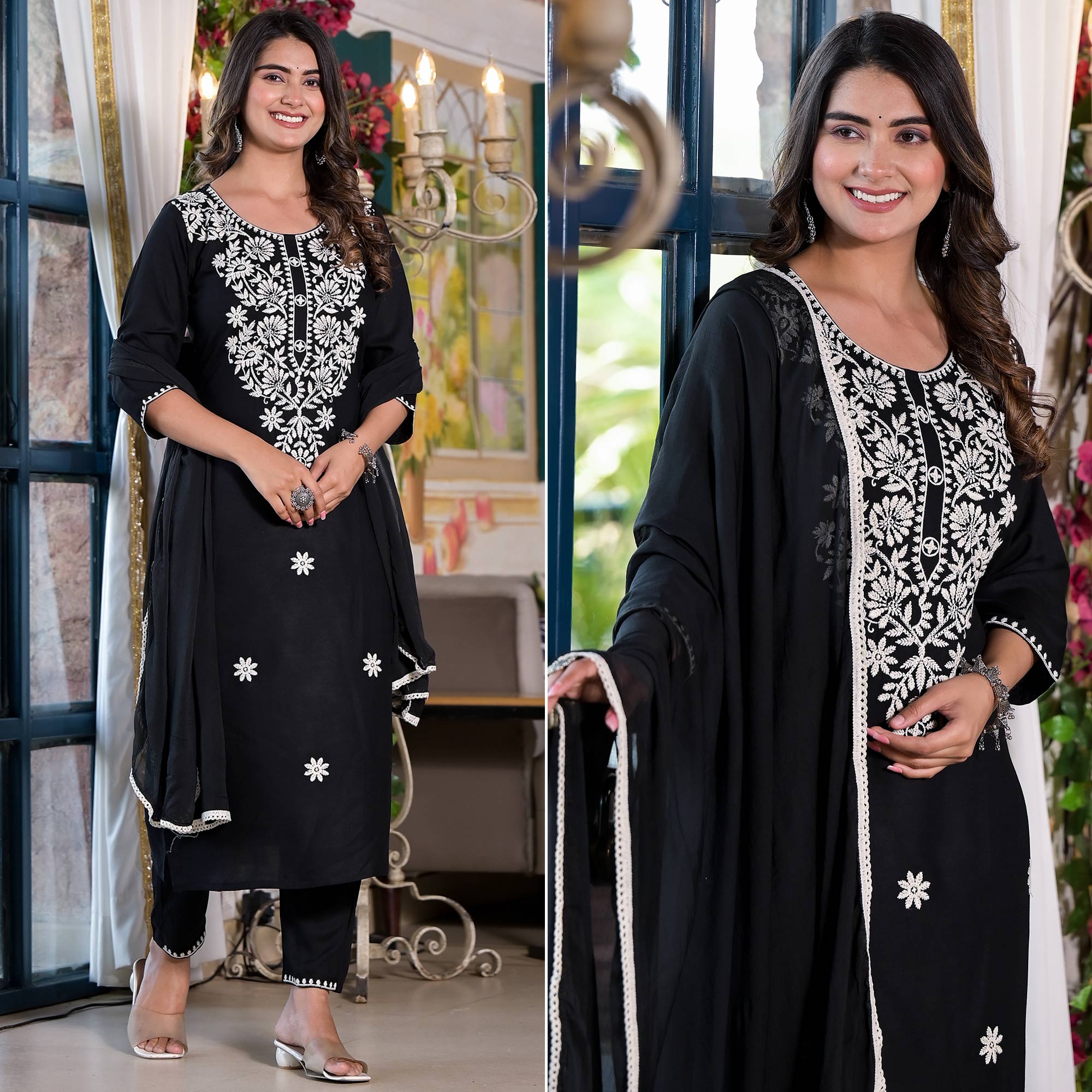 Black Lucknowi Embroidered Rayon Salwar Suit