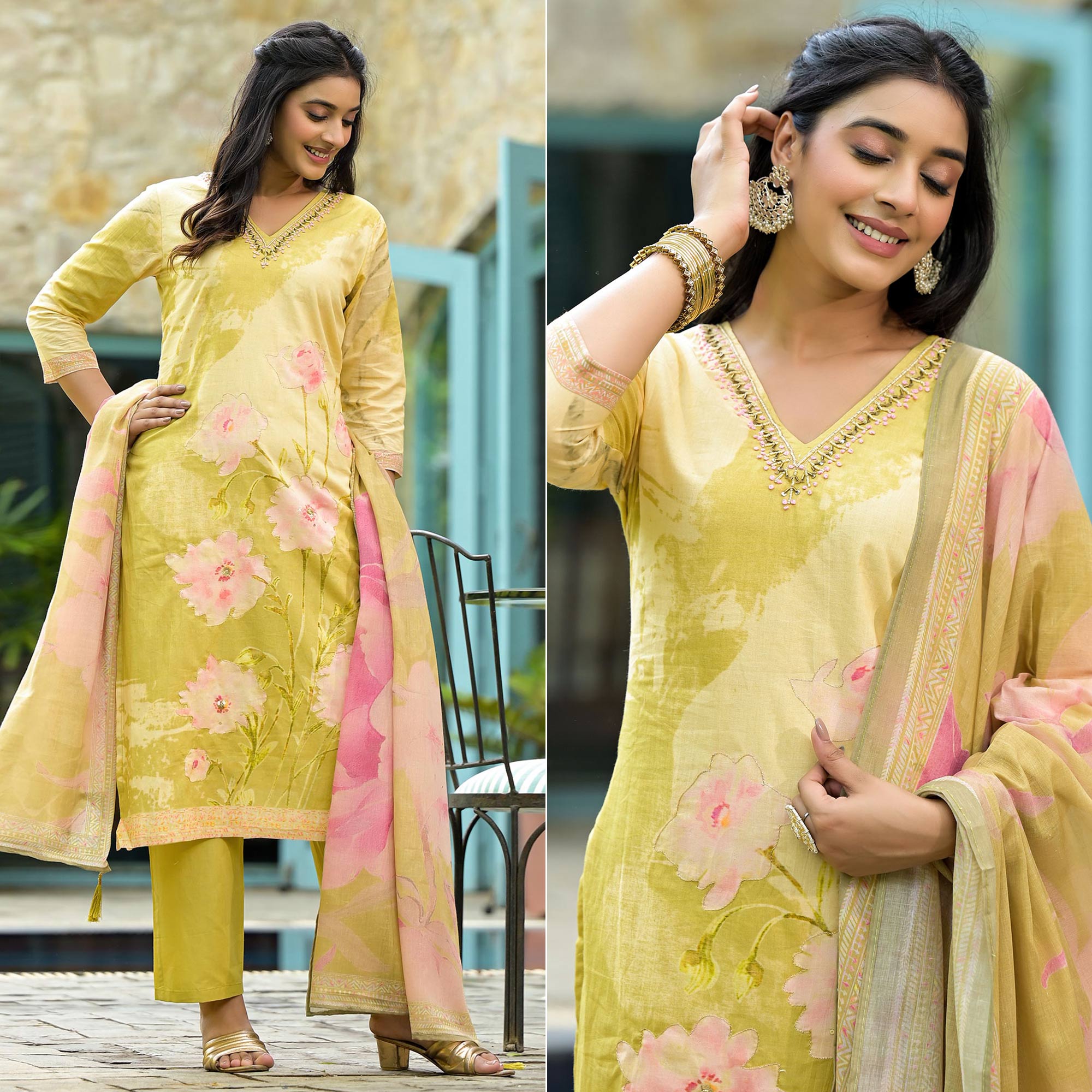 Olive Floral Embroidered With Printed Cambric Cotton Salwar Suit