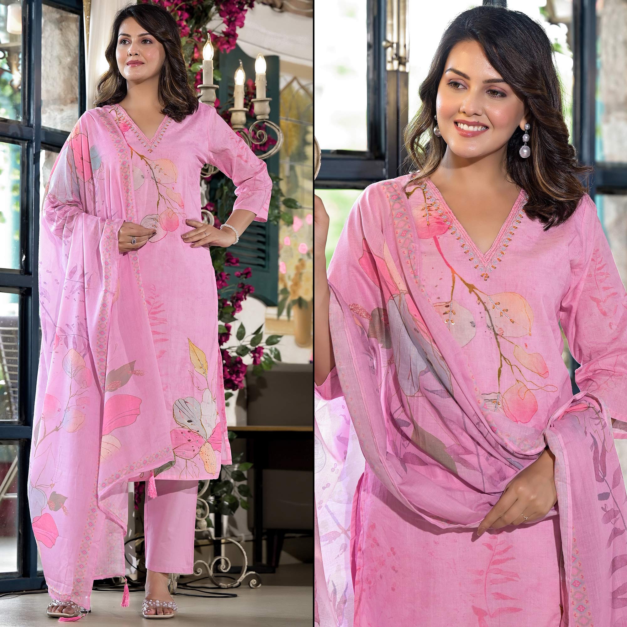 Pink Floral Printed With Embroidered Cambric Cotton Salwar Suit