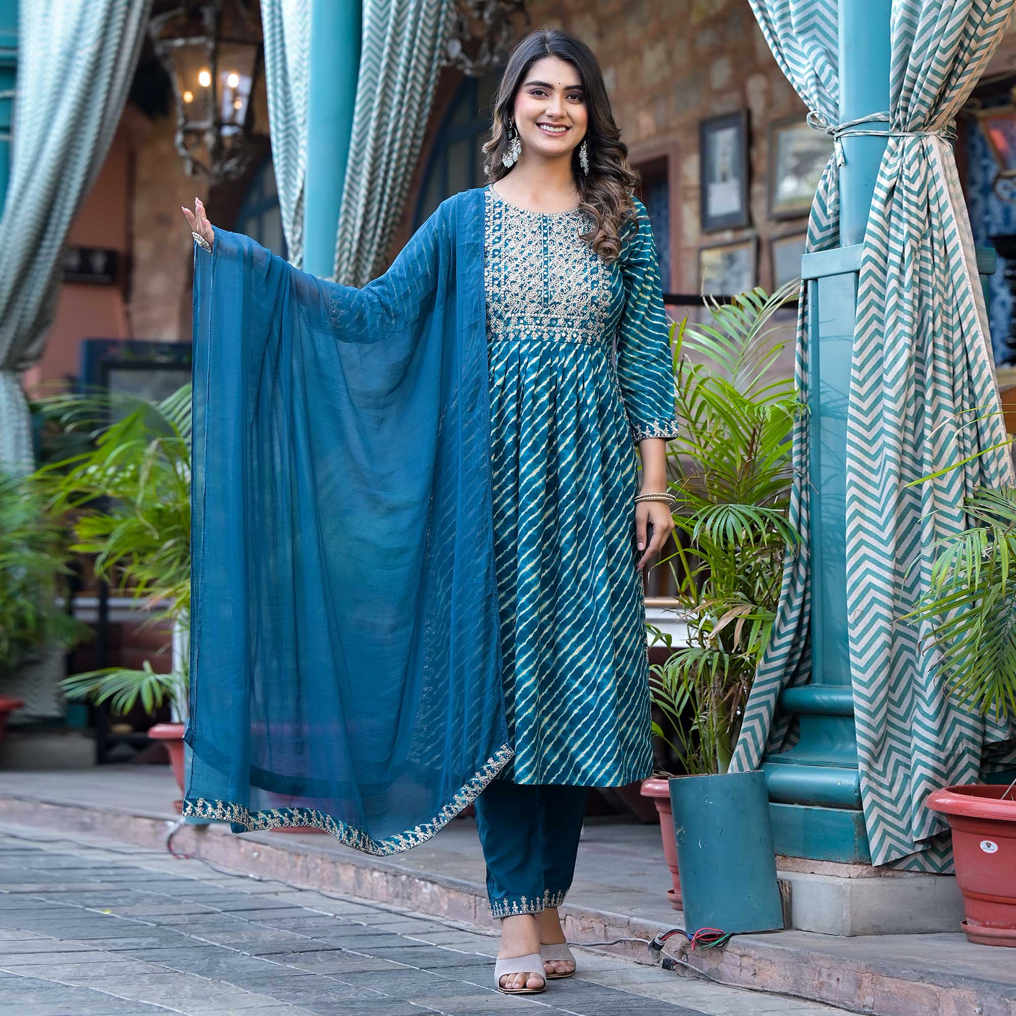 Blue Leheriya Printed Naira Cut Rayon Salwar Suit
