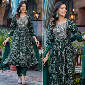 Green Bandhani Printed Naira Cut Rayon Salwar Suit