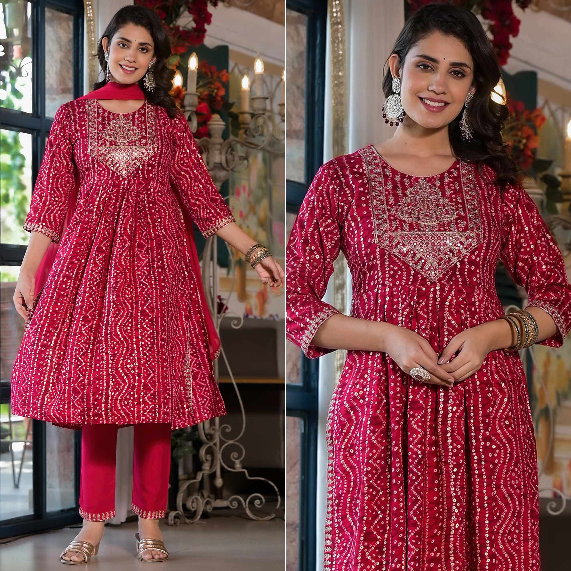 Pink Bandhani Printed Naira Cut Rayon Salwar Suit