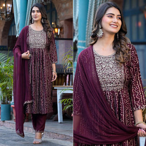 Wine Bandhani Printed Naira Cut Rayon Salwar Suit