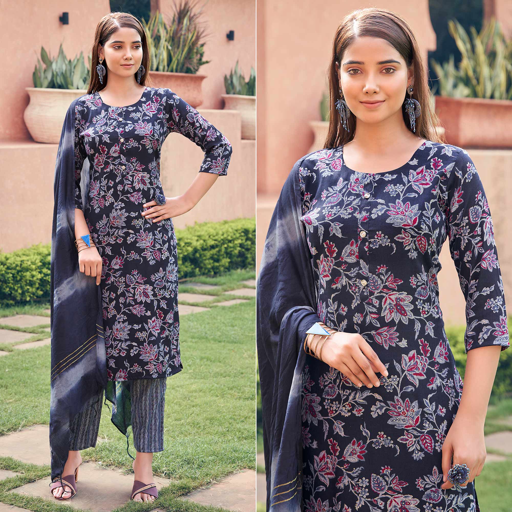 Navy Blue Floral Foil Printed Rayon Suit