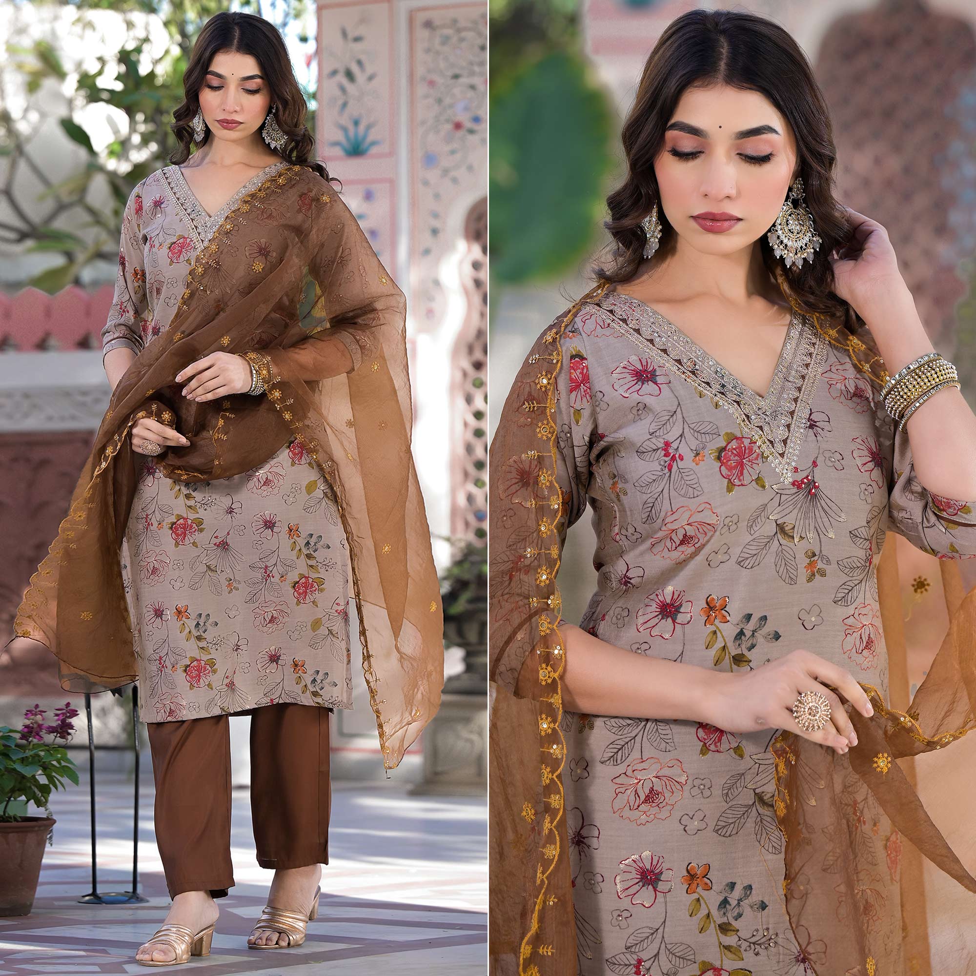 Chikoo Floral Foil Printed Chanderi Silk Straight Salwar Suit