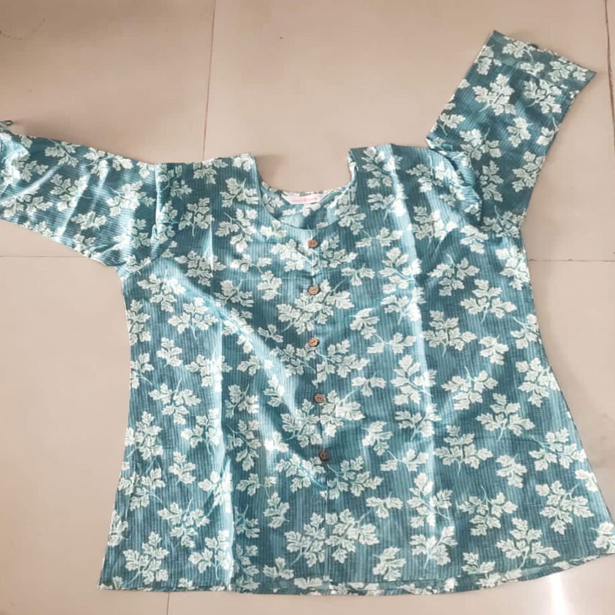 Turquoise Floral Printed Chanderi Silk Top