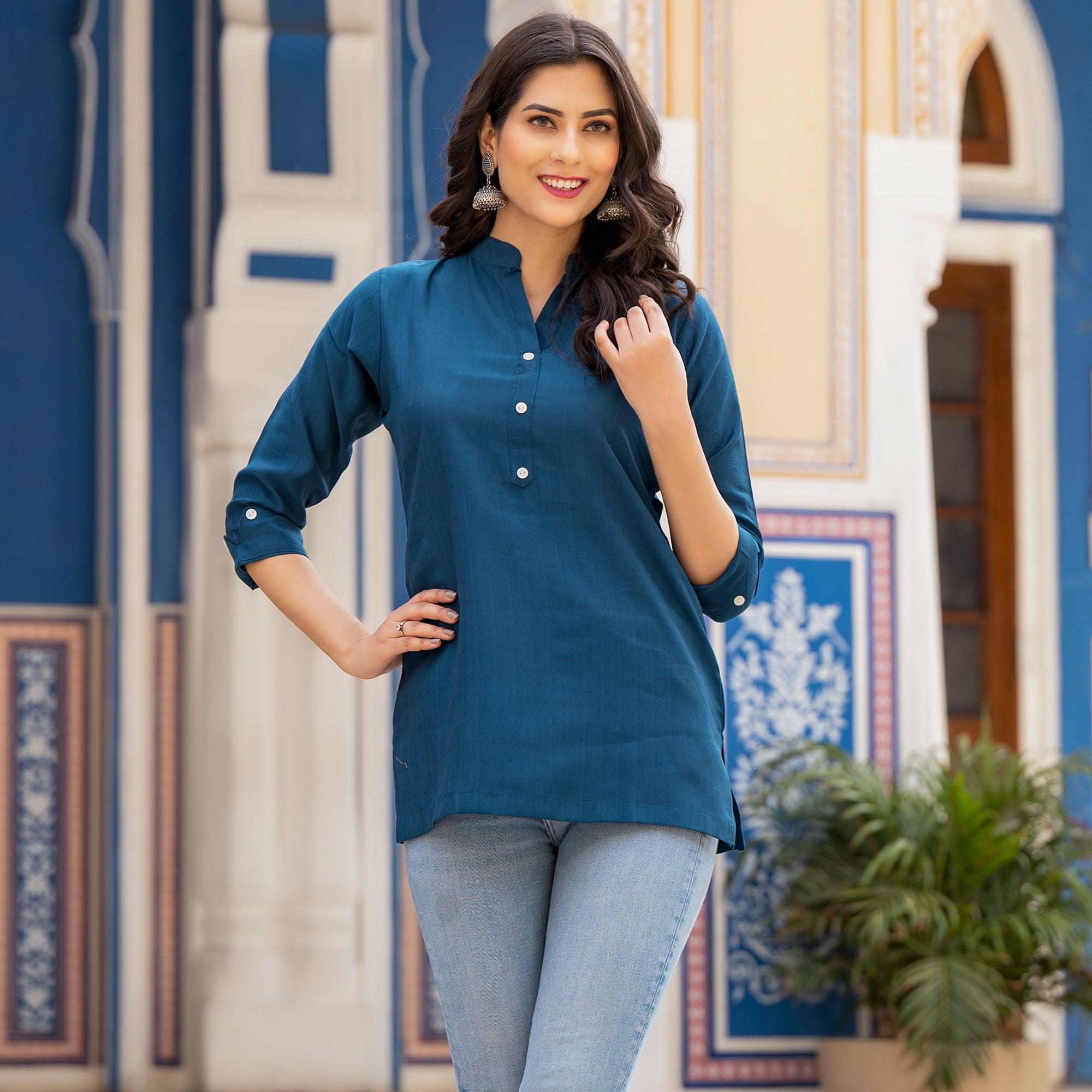 Blue Solid Cotton Silk Straight Top