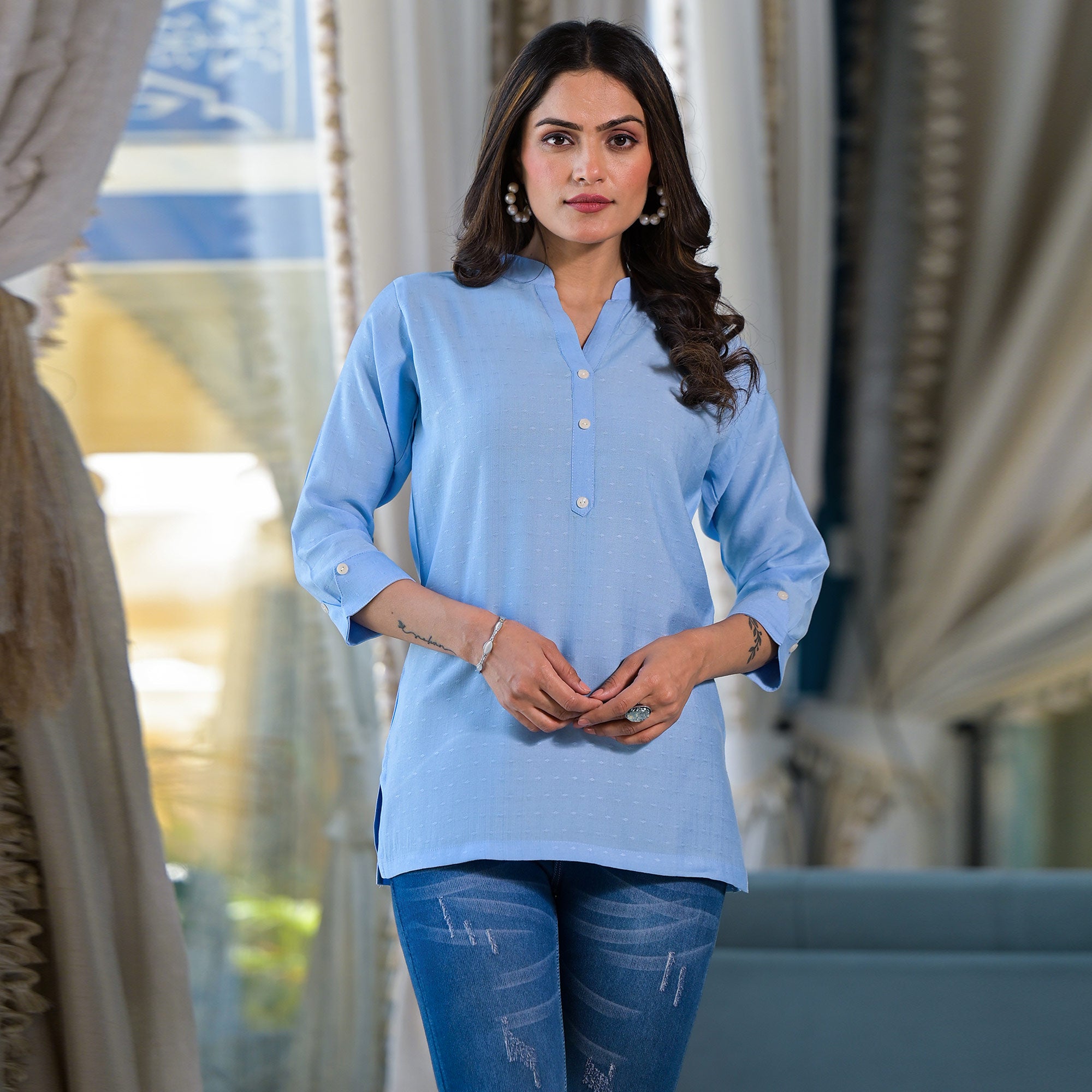 Sky Blue Solid Cotton Silk Straight Top