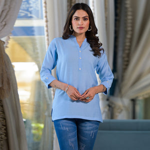 Sky Blue Solid Cotton Silk Straight Top