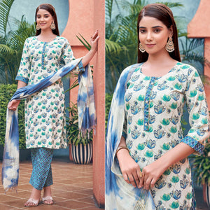 White & Blue Floral Foil Printed Pure Cotton Suit