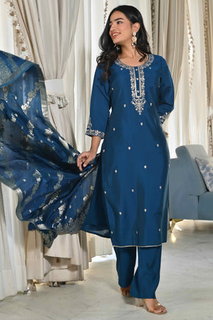 Blue Sequins Embroidered Chanderi Silk Salwar Suit