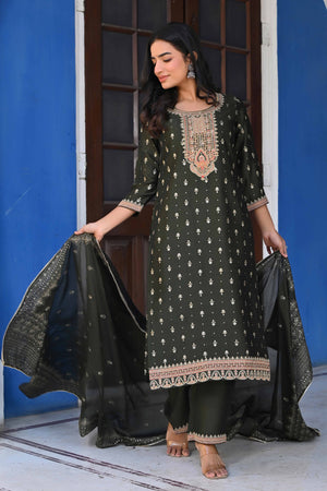 Olive Golden Embroidered Vichitra Silk Salwar Suit