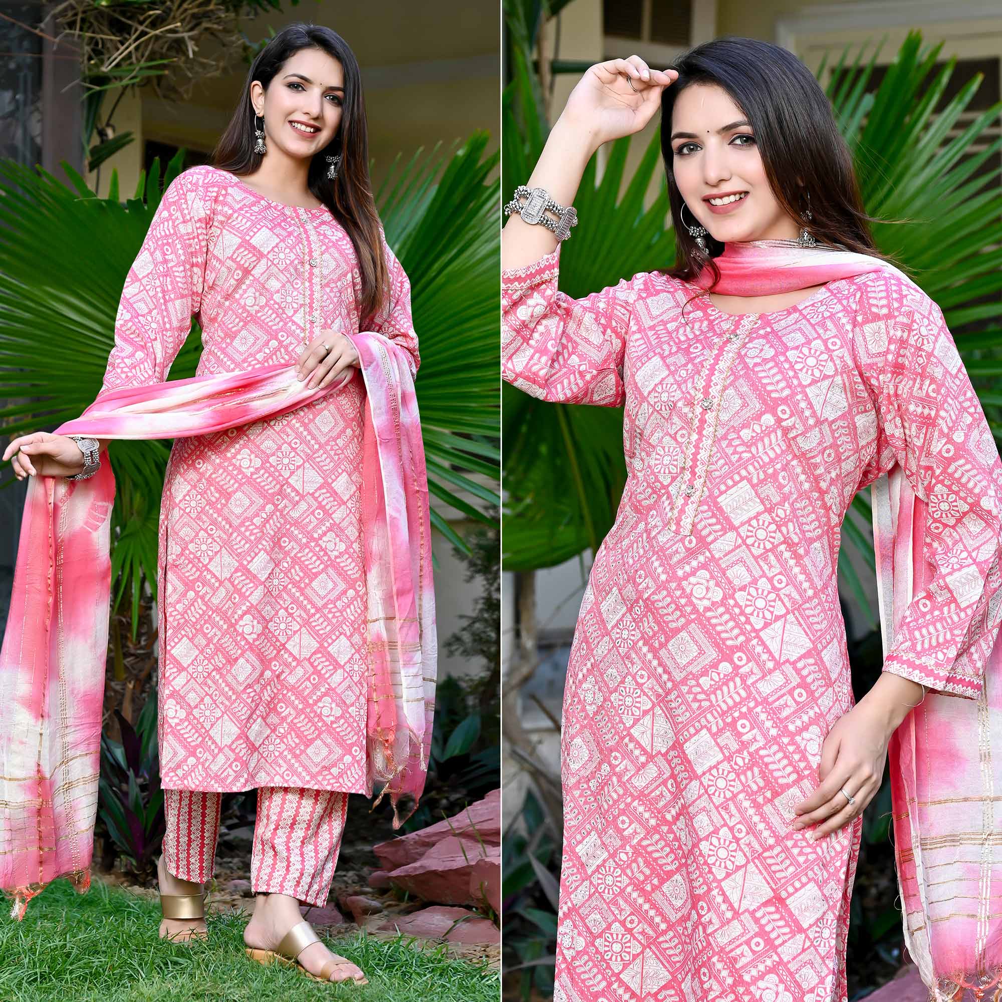 Pink Floral Printed Rayon Salwar Suit