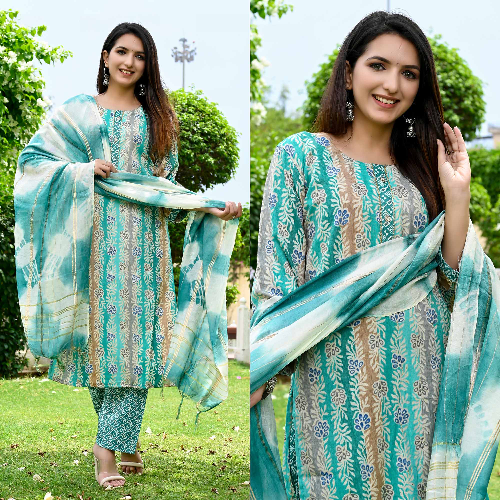 Turquoise Floral Printed Rayon Salwar Suit