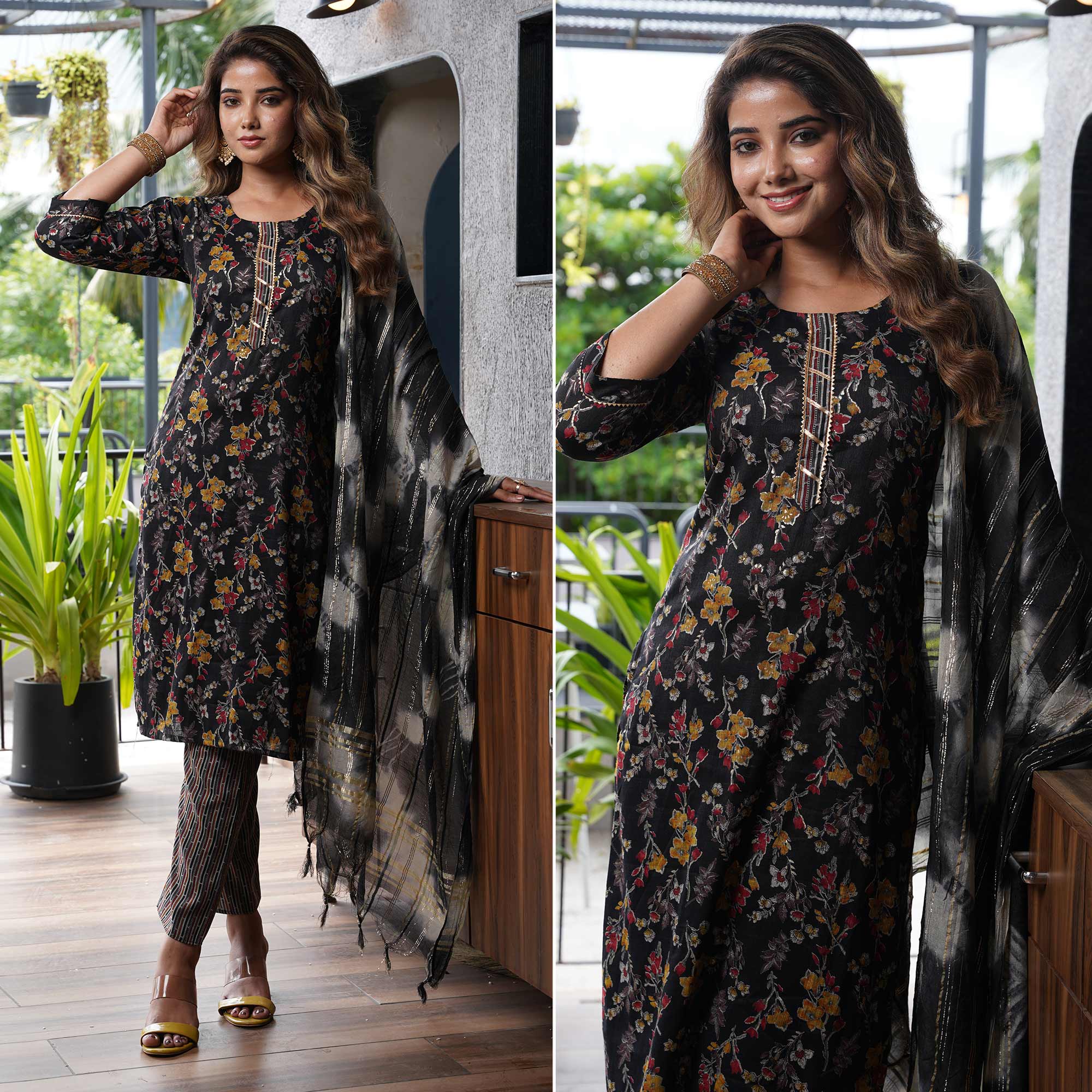 Black Floral Foil Printed Rayon Salwar Suit