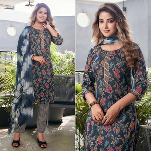 Blue Floral Foil Printed Rayon Salwar Suit
