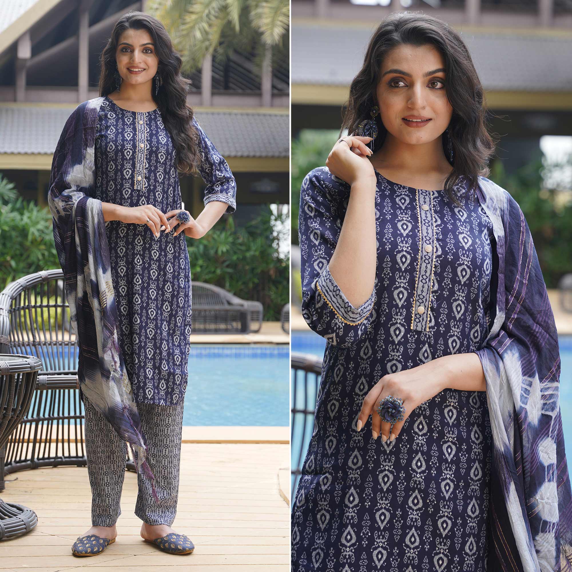 Navy Blue Foil Printed Rayon Suit
