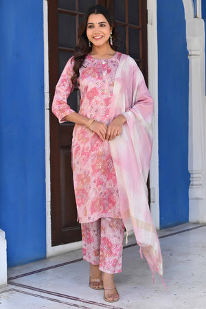 Baby Pink Floral Foil Printed Rayon Salwar Suit