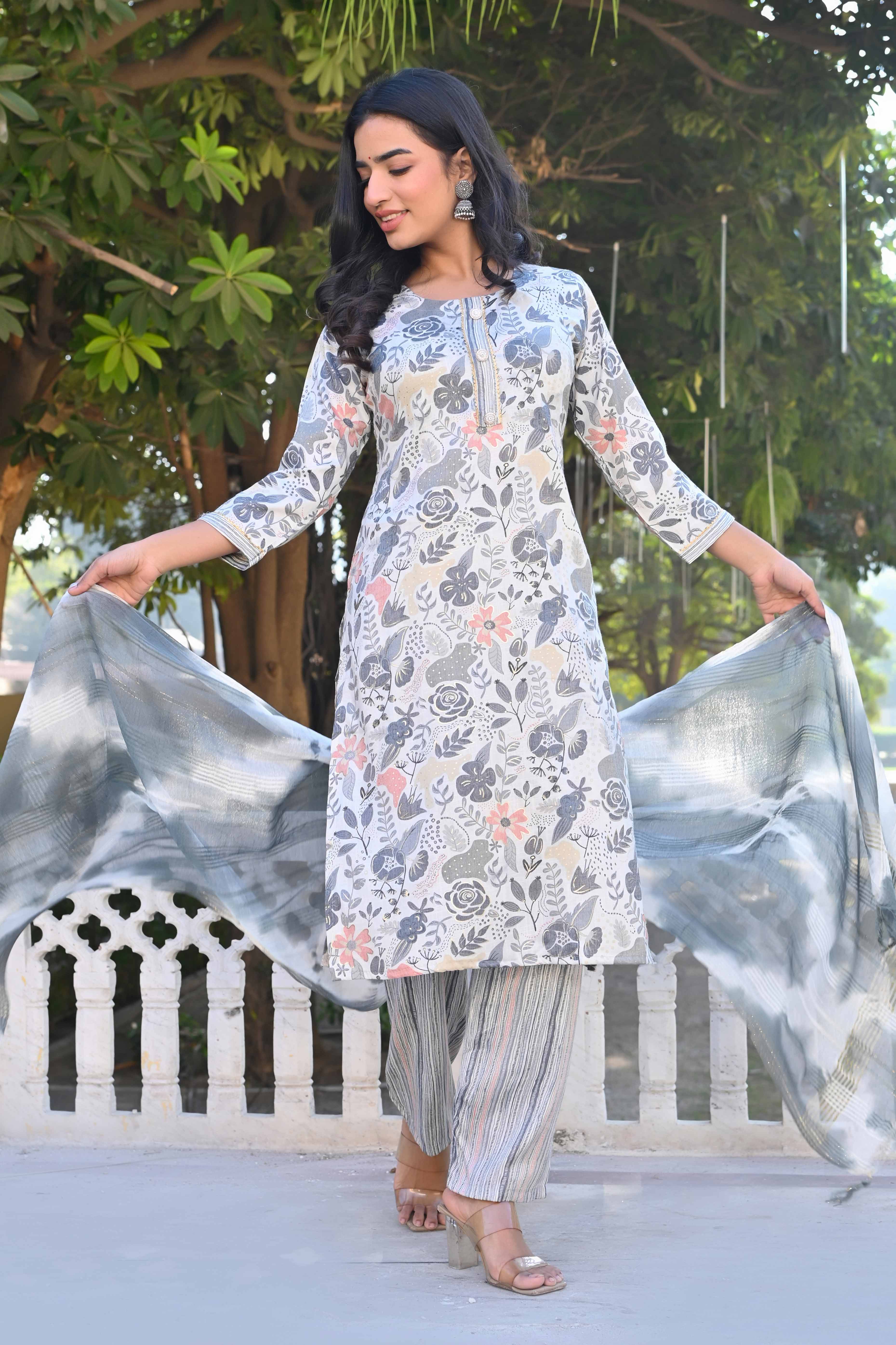 Off White Floral Foil Printed Rayon Salwar Suit