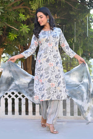 Off White Floral Foil Printed Rayon Salwar Suit